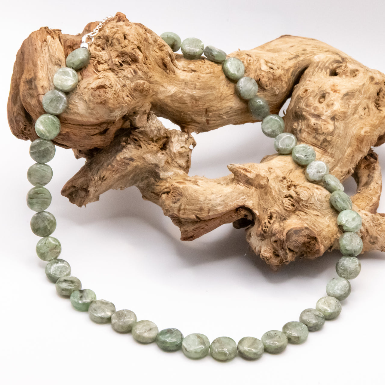 Green Kyanite Smooth Coin Beaded Necklace: Sterling Silver, Lobster Clasp, Adjustable Chain