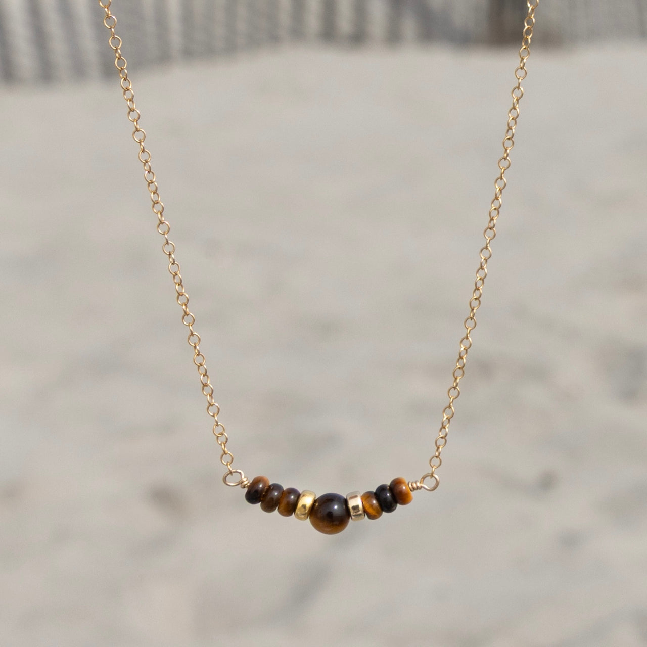 Tiger’s Eye Gemstone Beaded Necklace: 14k Gold Filled Adjustable Chain
