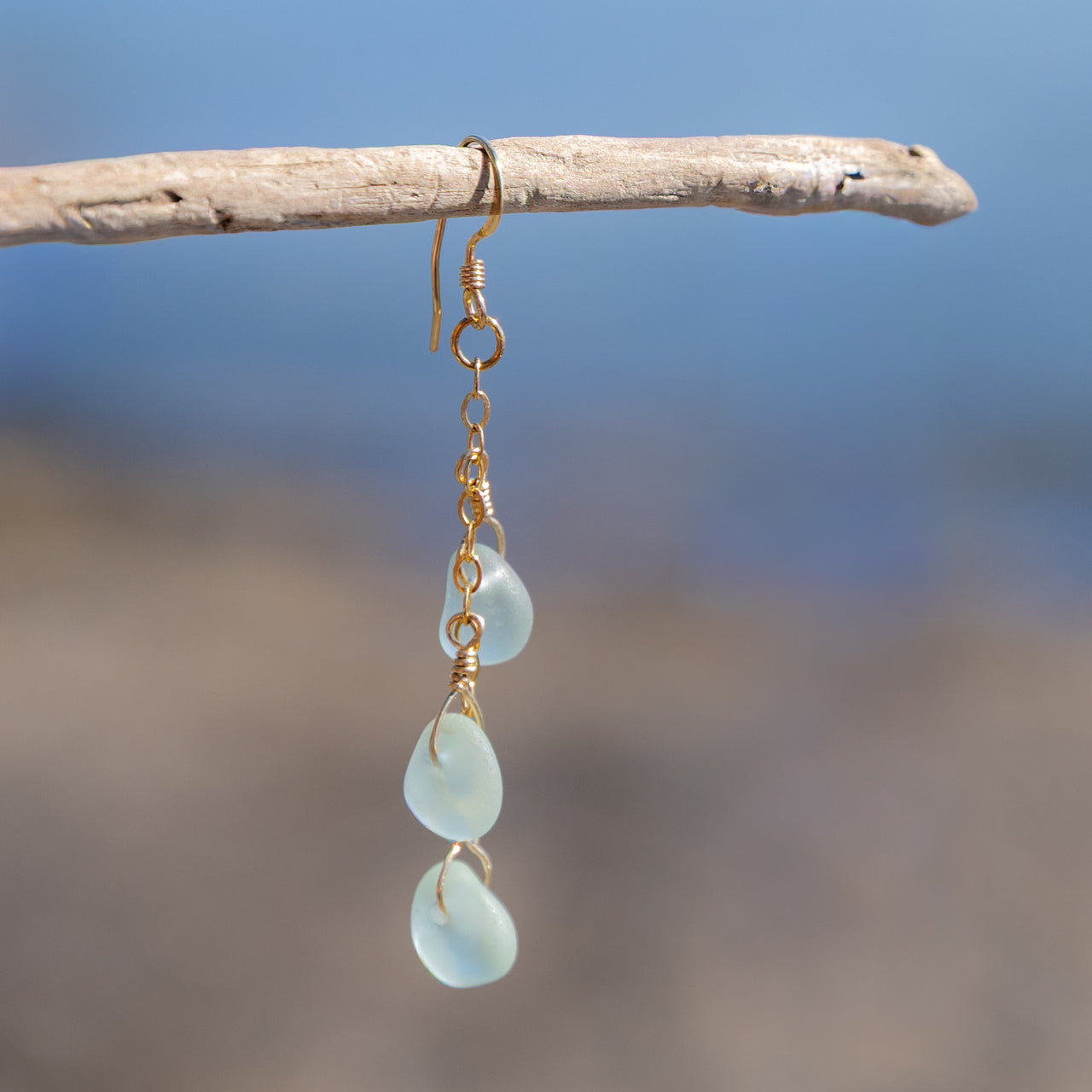 Aqua Blue Sea Glass 3 Charm Earrings