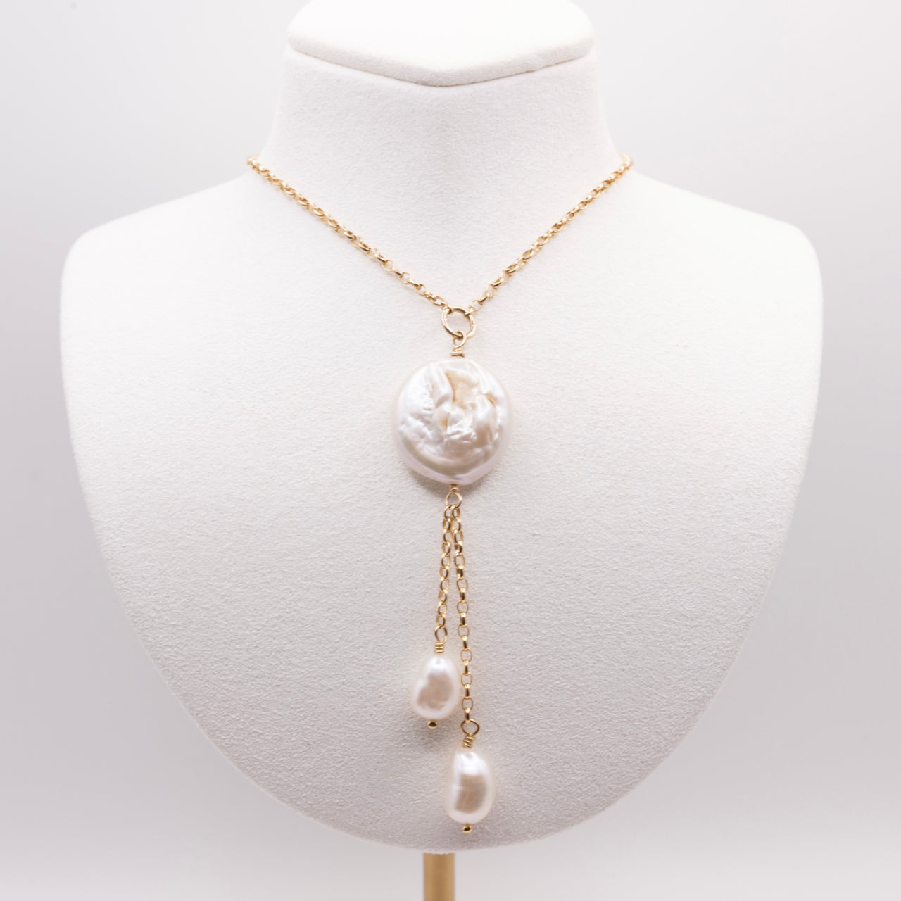 Creamy White Baroque and Coin Pearl Lariat Necklace