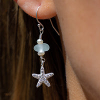 Sterling Silver Dainty Aqua Blue Sea Glass + Mini Baroque Pearl Starfish Earrings