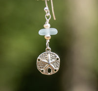 Sterling Silver Dainty Aqua Blue Sea Glass + Mini Baroque Pearl Sand Dollar Earrings