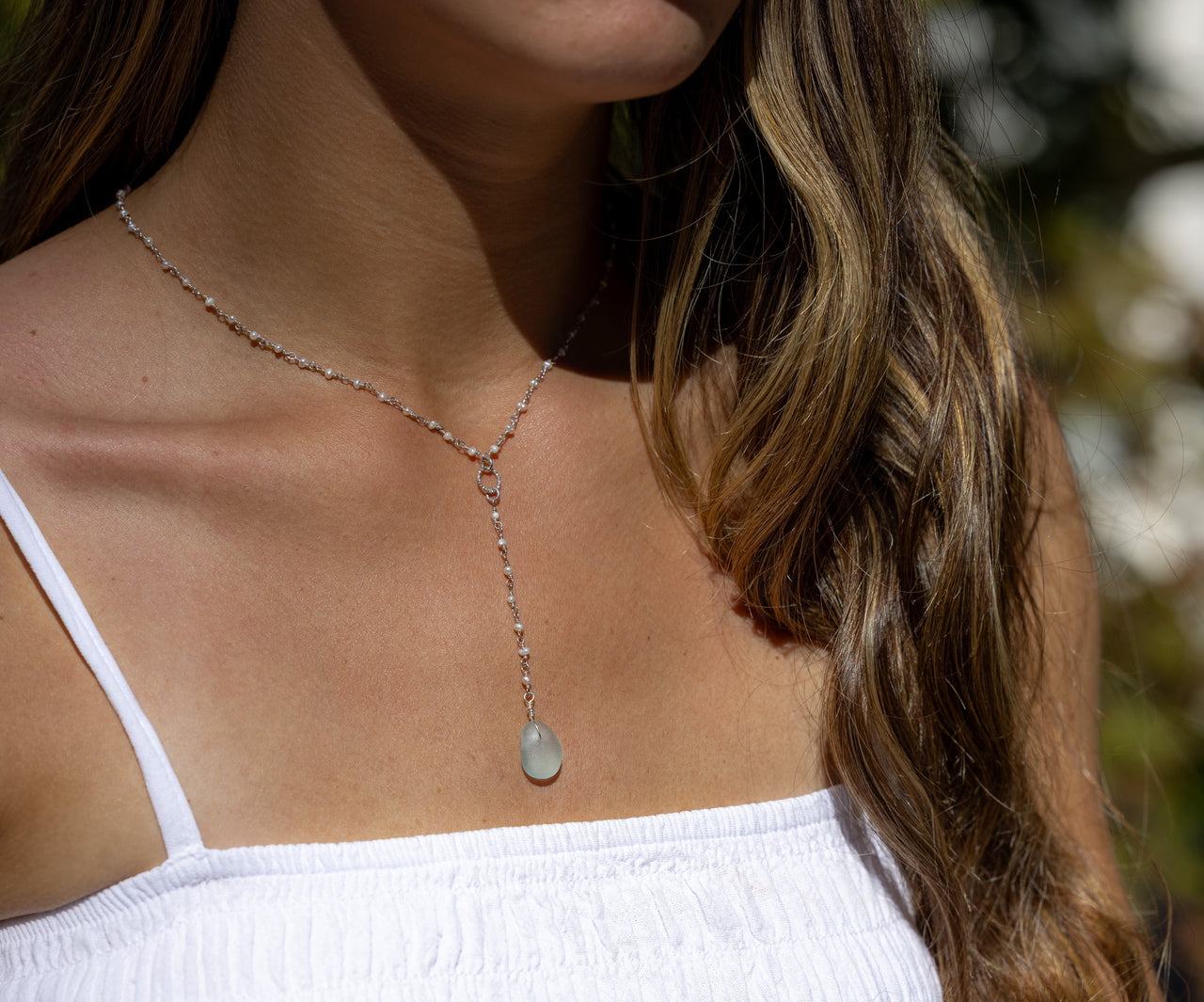 Sterling Silver Aqua Blue Sea Glass + Pearl Drop Necklace
