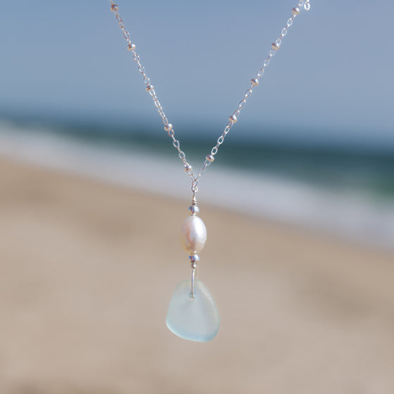 Aqua Blue Sea Glass + Baroque Pearl Necklace