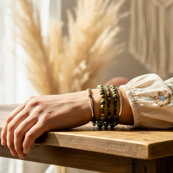 14k Gold Filled and African Turquoise Beaded Boho Style Stacking Bracelets (set of three bracelets)