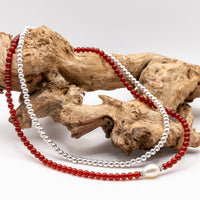 Carnelien and Baroque Pearl Beaded Necklace Set: Sterling Silver, Lobster Clasp, Adjustable Chain
