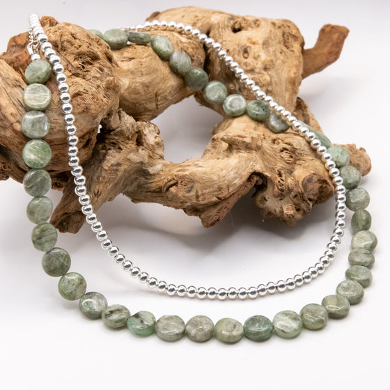Green Kyanite Coin Necklace Set: Sterling Silver, Adjustable Chain