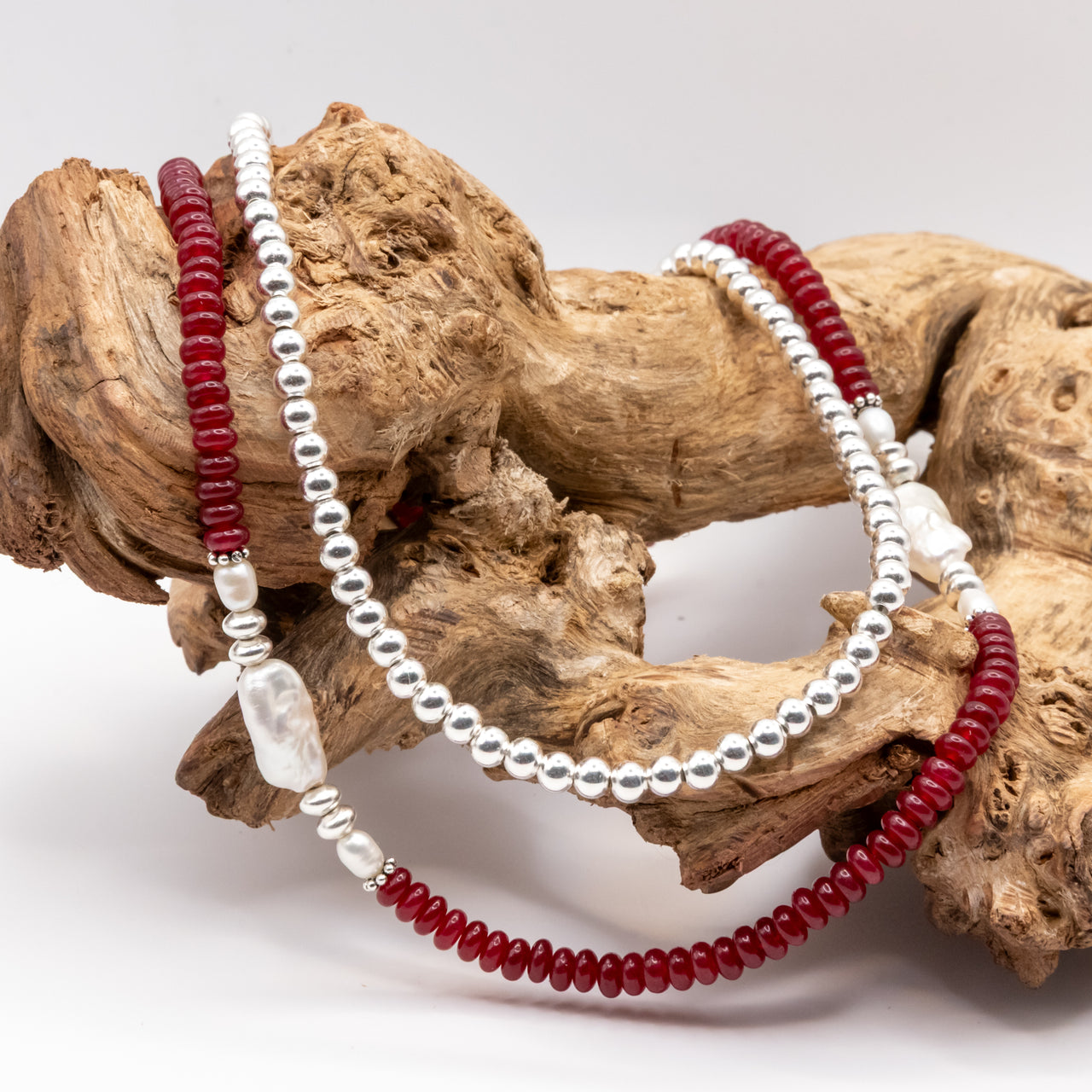 Red Garnet Jade and Pearl Beaded Necklace Set: Sterling Silver, Lobster Clasp, Adjustable Chain