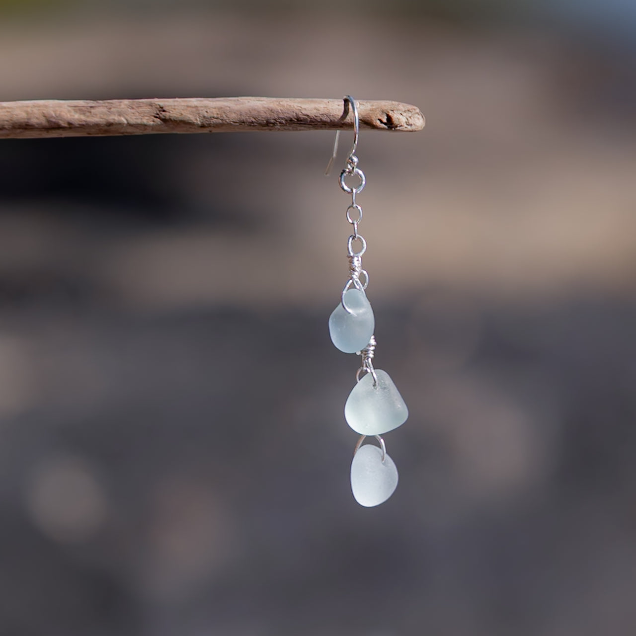 Aqua Blue Sea Glass 3 Charm Earrings