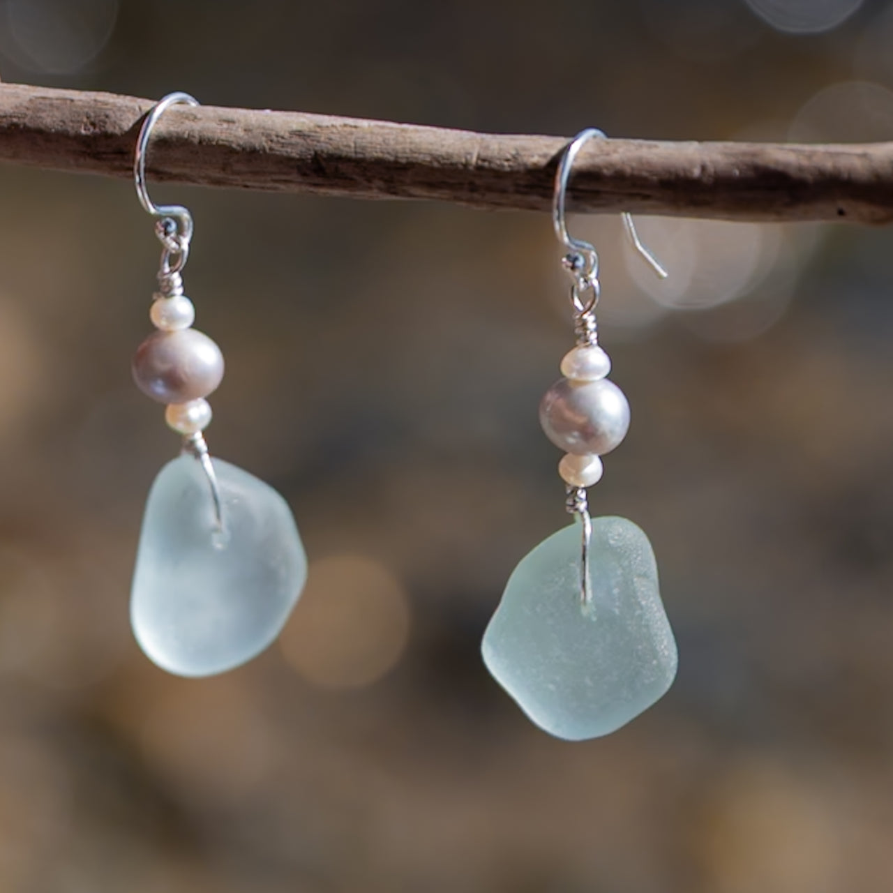 Aqua Blue Sea Glass + Freshwater Pearl Earrings