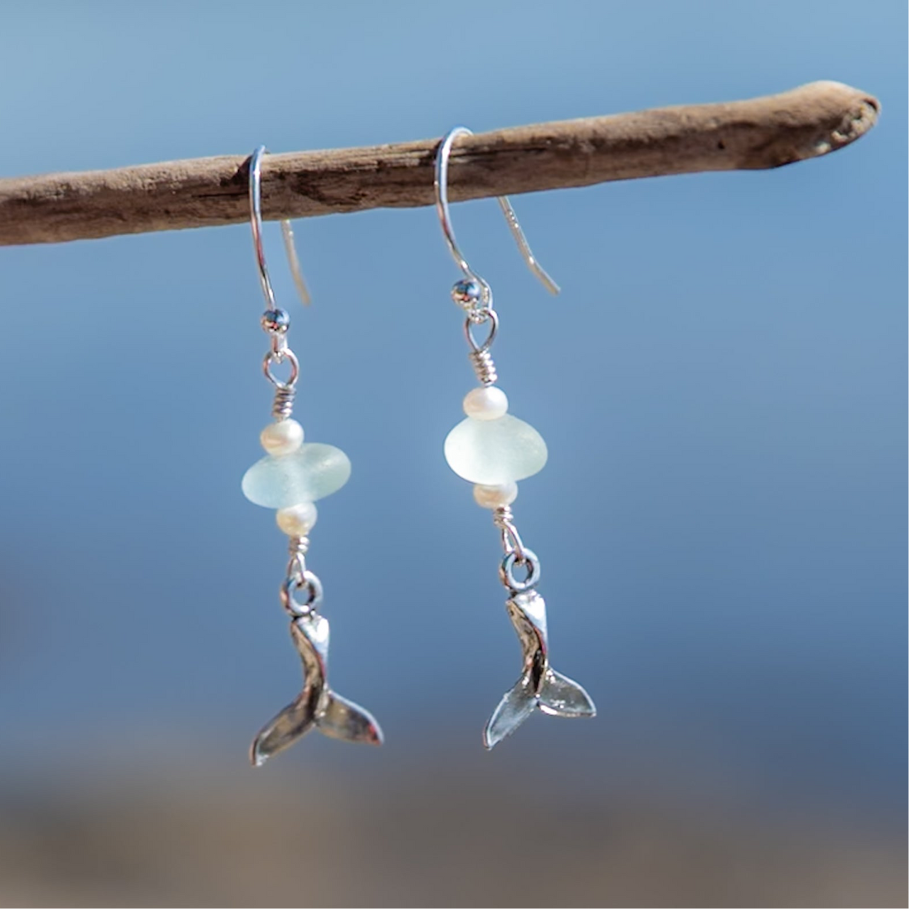 Sterling Silver Dainty Aqua Blue Sea Glass + Mini Baroque Pearl Whale Tail Earrings