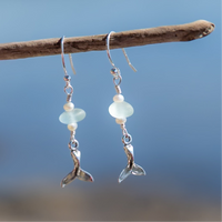 Sterling Silver Dainty Aqua Blue Sea Glass + Mini Baroque Pearl Whale Tail Earrings