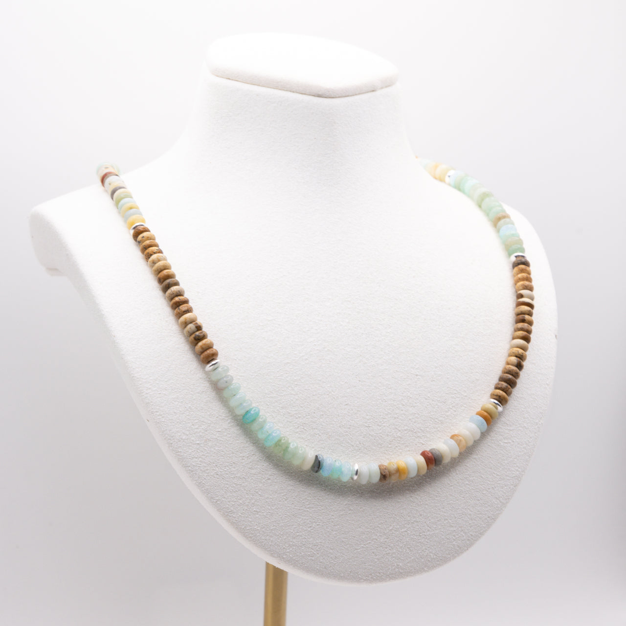 Amazonite and Brown Picture Jasper Necklace: Multicolor Beads, Sterling Silver, 14k Gold Filled, Earth Tones