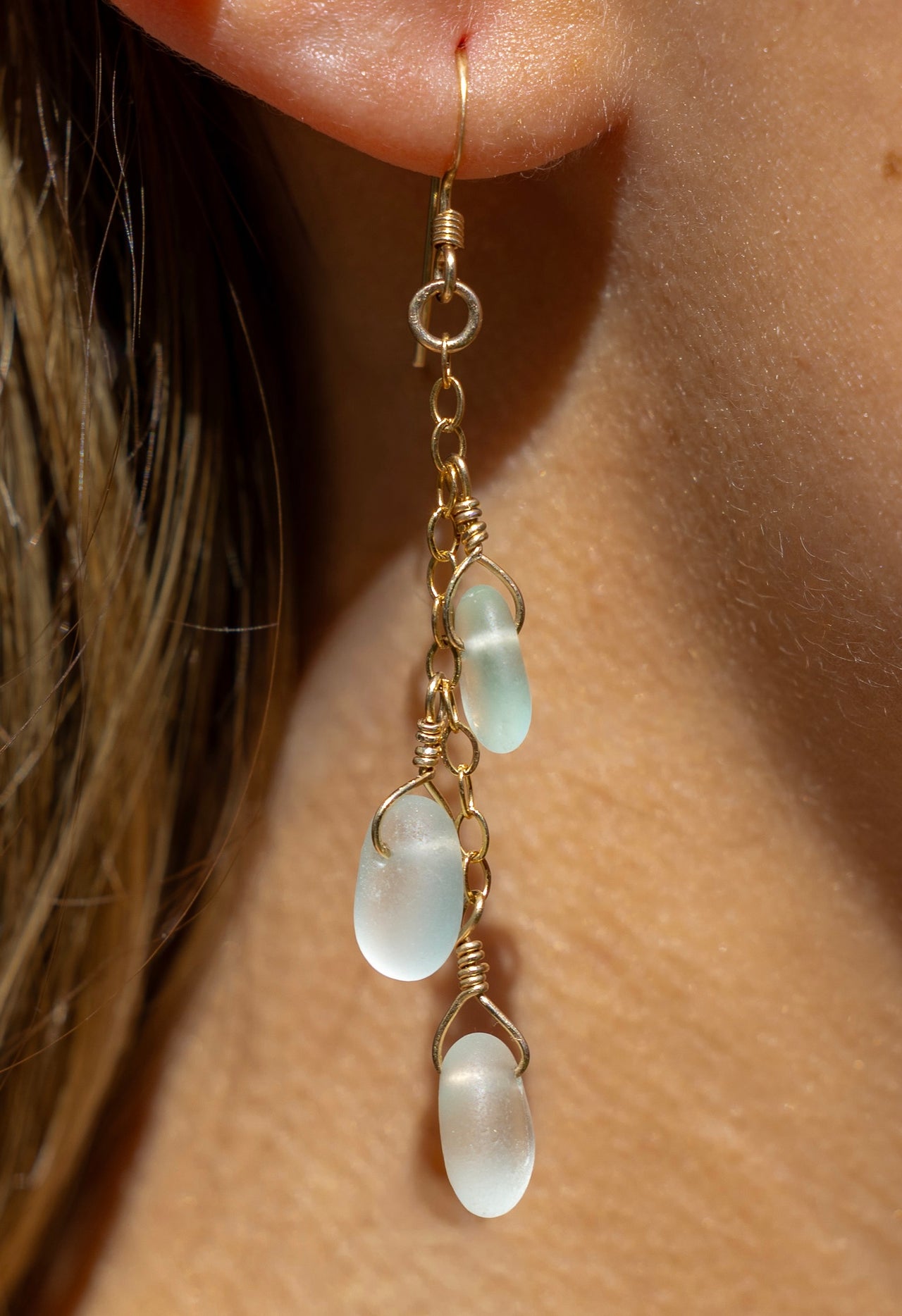 Aqua Blue Sea Glass 3 Charm Earrings