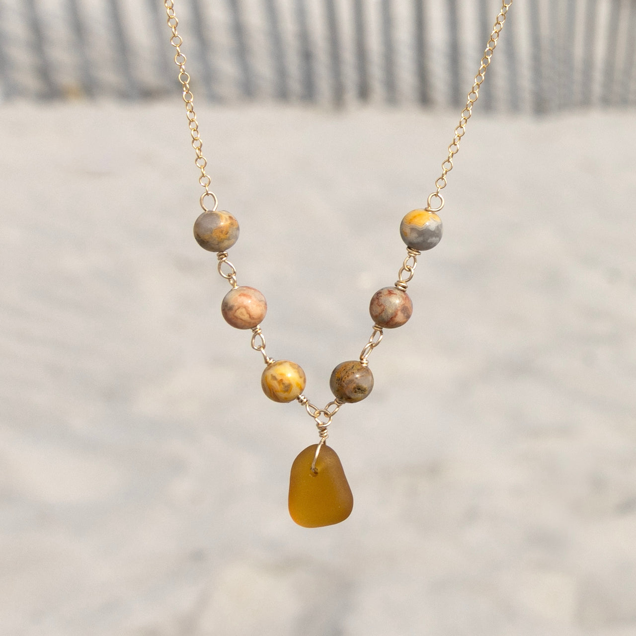 Genuine Amber Brown Sea Glass and Crazy Lace Agate Beaded Necklace: 14k Gold Filled Adjustable Chain