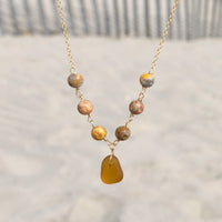 Genuine Amber Brown Sea Glass and Crazy Lace Agate Beaded Necklace: 14k Gold Filled Adjustable Chain