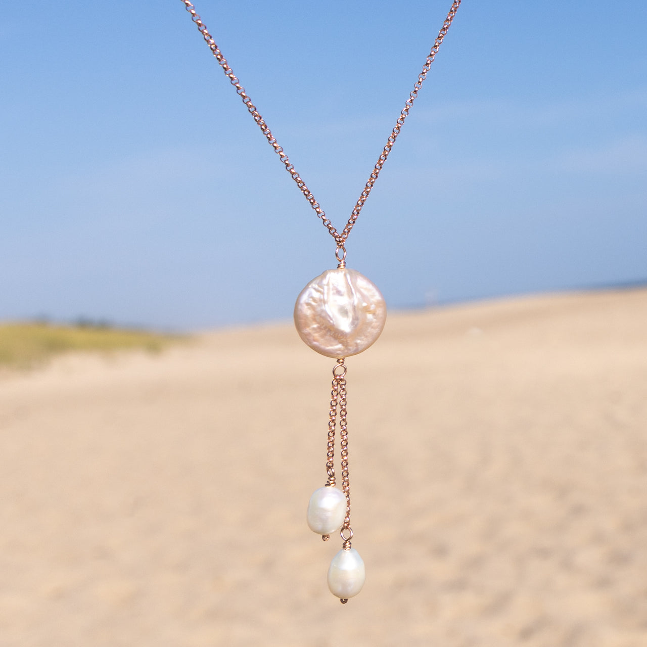 Creamy White Baroque and Rose Coin Pearl Lariat Necklace