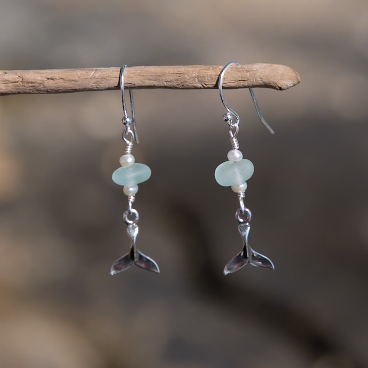 Sterling Silver Dainty Aqua Blue Sea Glass + Mini Baroque Pearl Whale Tail Earrings