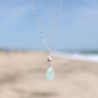 Sterling Silver Aqua Blue Sea Glass, Pearl + Moonstone Necklace