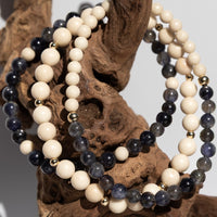 Iolite Fossil Jasper Bracelet Set: 14k Gold Filled Beaded Stack