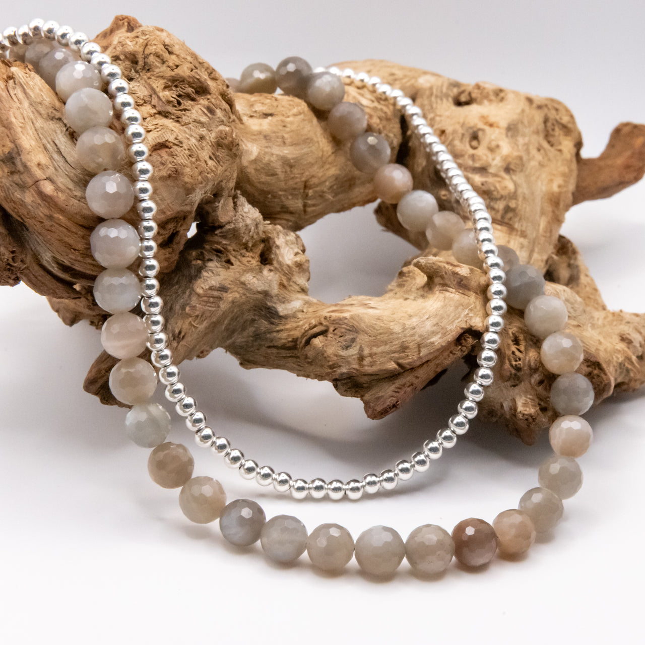 Grey Moonstone Beaded Necklace Set: Sterling Silver, Faceted Gemstone