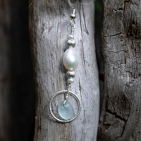 Aqua Blue Sea Glass + Baroque Pearl Circle Earrings