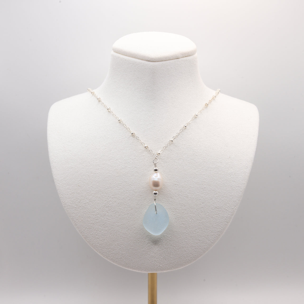 Aqua Blue Sea Glass + Baroque Pearl Necklace