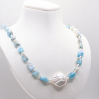 Larimar and Coin Pearl Beaded Necklace: Sterling Silver, Lobster Clasp, Adjustable Chain