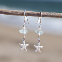Sterling Silver Dainty Aqua Blue Sea Glass + Mini Baroque Pearl Starfish Earrings