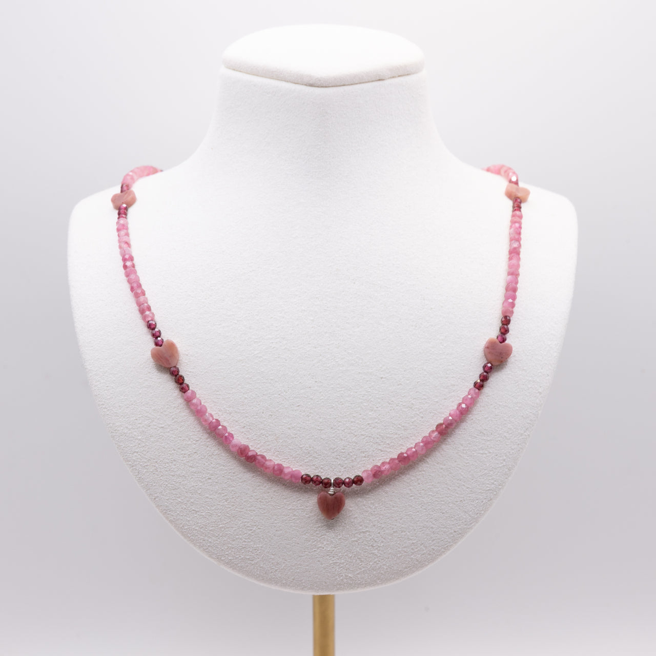 Pink Tourmaline and Garnet Necklace: Grade A Pink Tourmaline, Garnet, Pink Rhodonite Heart Beads