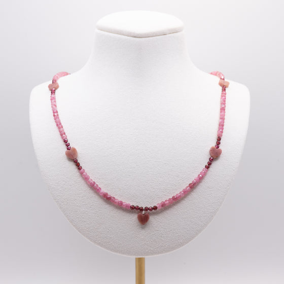 Pink Tourmaline and Garnet Necklace: Grade A Pink Tourmaline, Garnet, Pink Rhodonite Heart Beads