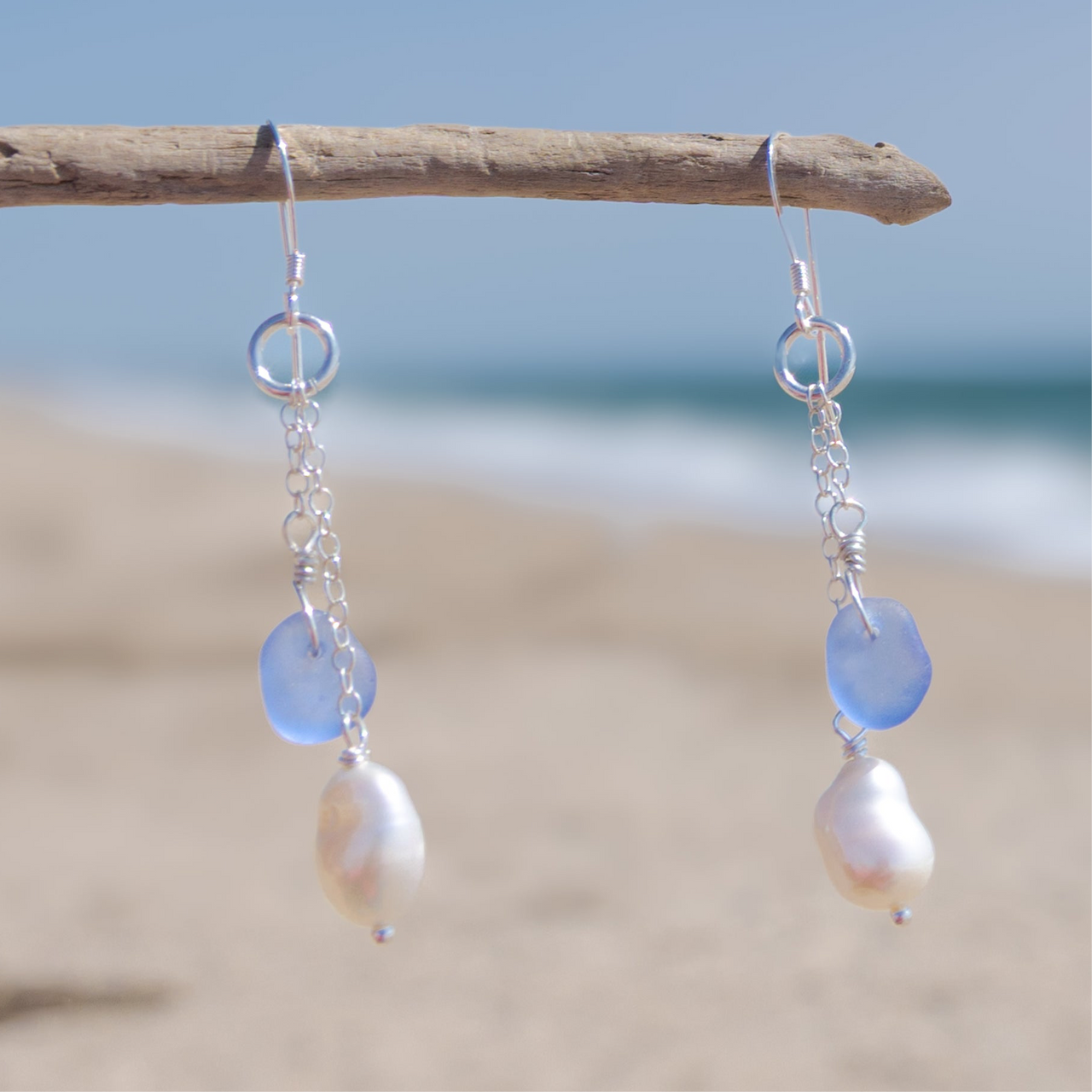 Purple Sea Glass + Baroque Pearl Dangle Earrings