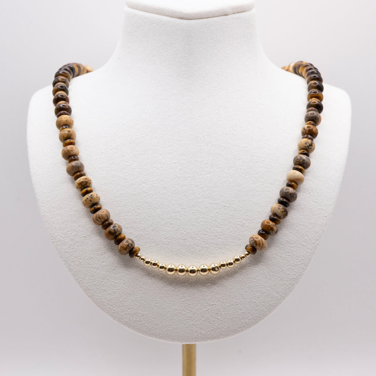 Tigers Eye and Brown Picture Jasper Necklace: Multicolor Beads, Gold Filled, Earth Tones