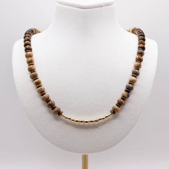 Tigers Eye and Brown Picture Jasper Necklace: Multicolor Beads, Gold Filled, Earth Tones
