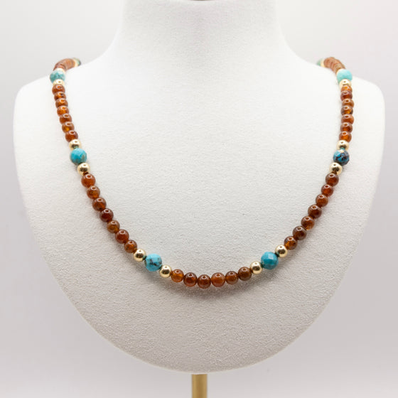 Beaded Turquoise and Hessonite Garnet Necklace: Choice of 14k Gold Filled, 14k Rose Gold Filled or Sterling Silver