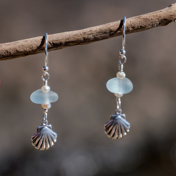 Sterling Silver Dainty Aqua Blue Sea Glass + Mini Baroque Pearl Scallop Shell Earrings