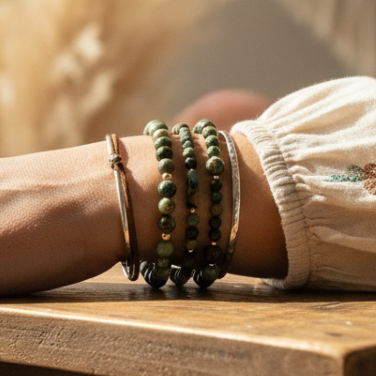 14k Gold Filled and African Turquoise Beaded Boho Style Stacking Bracelets (set of three bracelets)