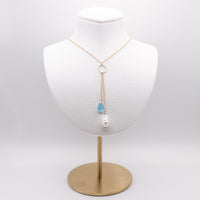 Teal Blue Sea Glass + Baroque Pearl Circle Drop Necklace