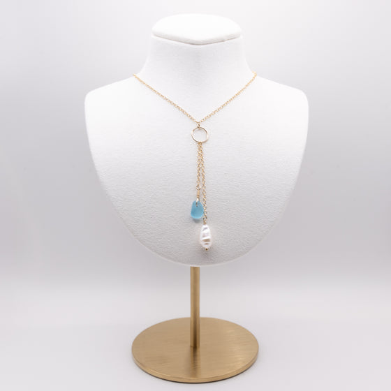 Teal Blue Sea Glass + Baroque Pearl Circle Drop Necklace