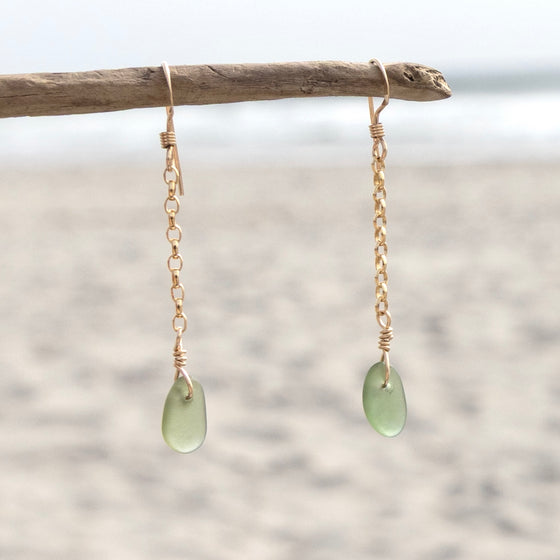 14k Gold Filled Sage Green Sea Glass Drop Earrings