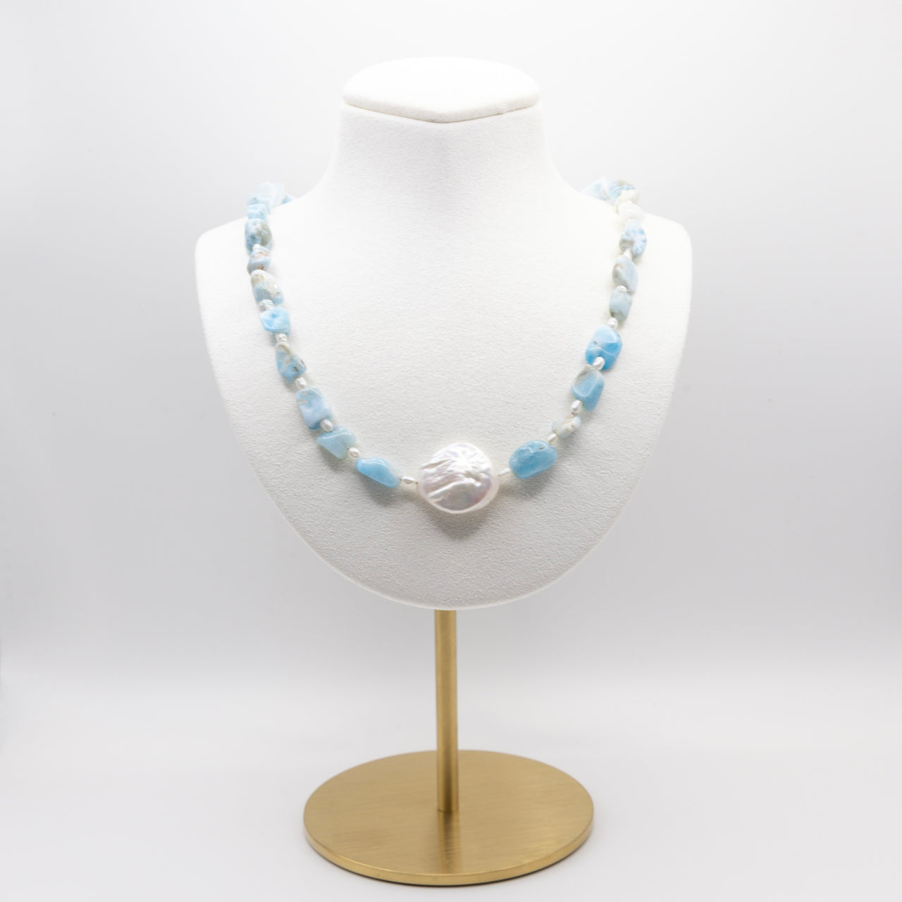 Larimar and Coin Pearl Beaded Necklace: Sterling Silver, Lobster Clasp, Adjustable Chain
