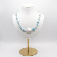 Larimar and Coin Pearl Beaded Necklace: Sterling Silver, Lobster Clasp, Adjustable Chain