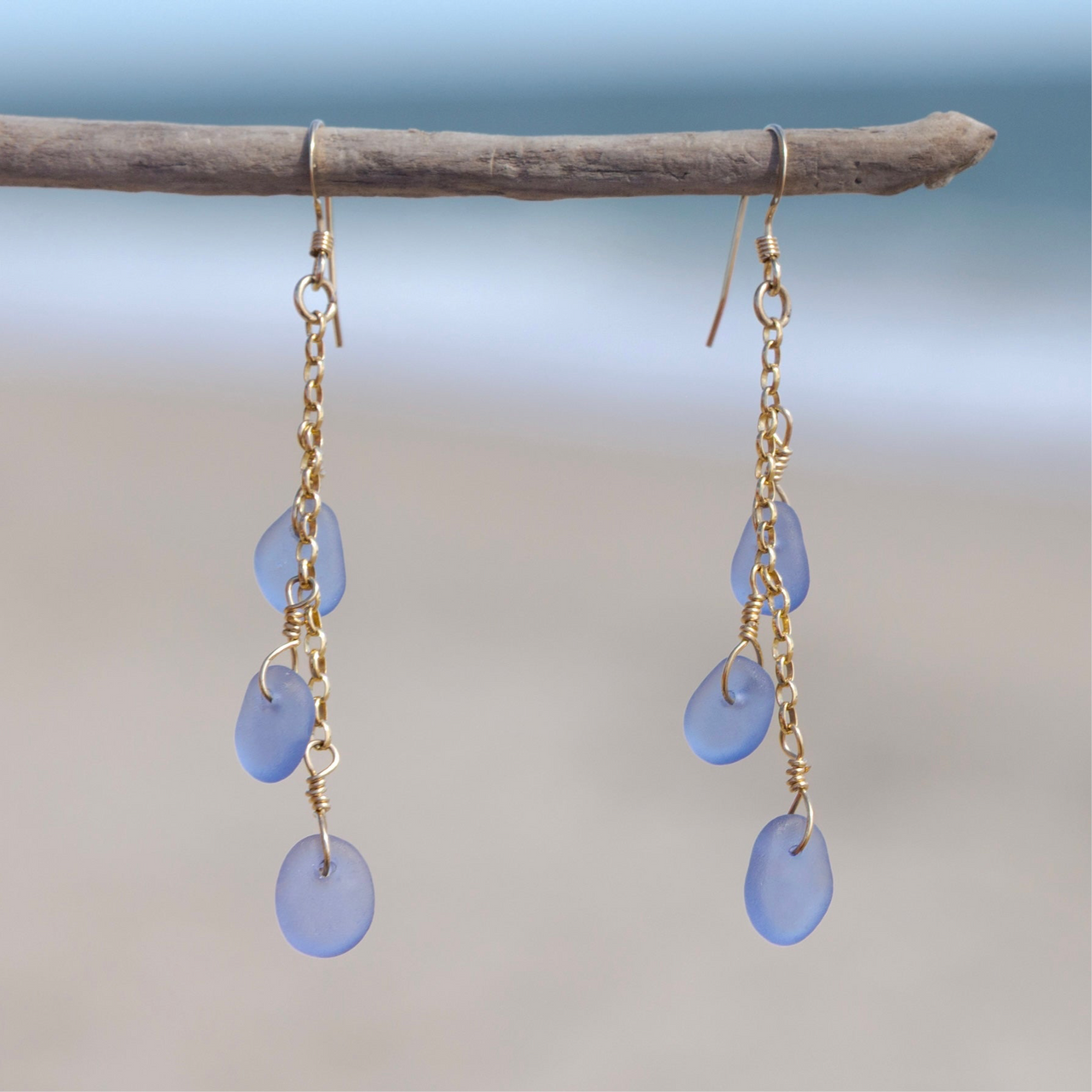 Purple Sea Glass 3 Charm Earrings