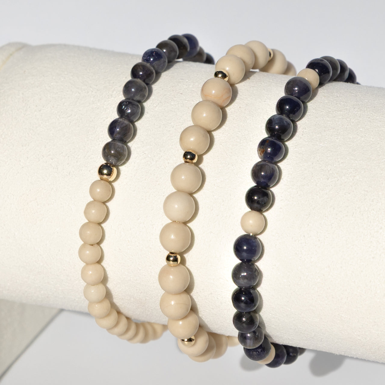 Iolite Fossil Jasper Bracelet Set: 14k Gold Filled Beaded Stack