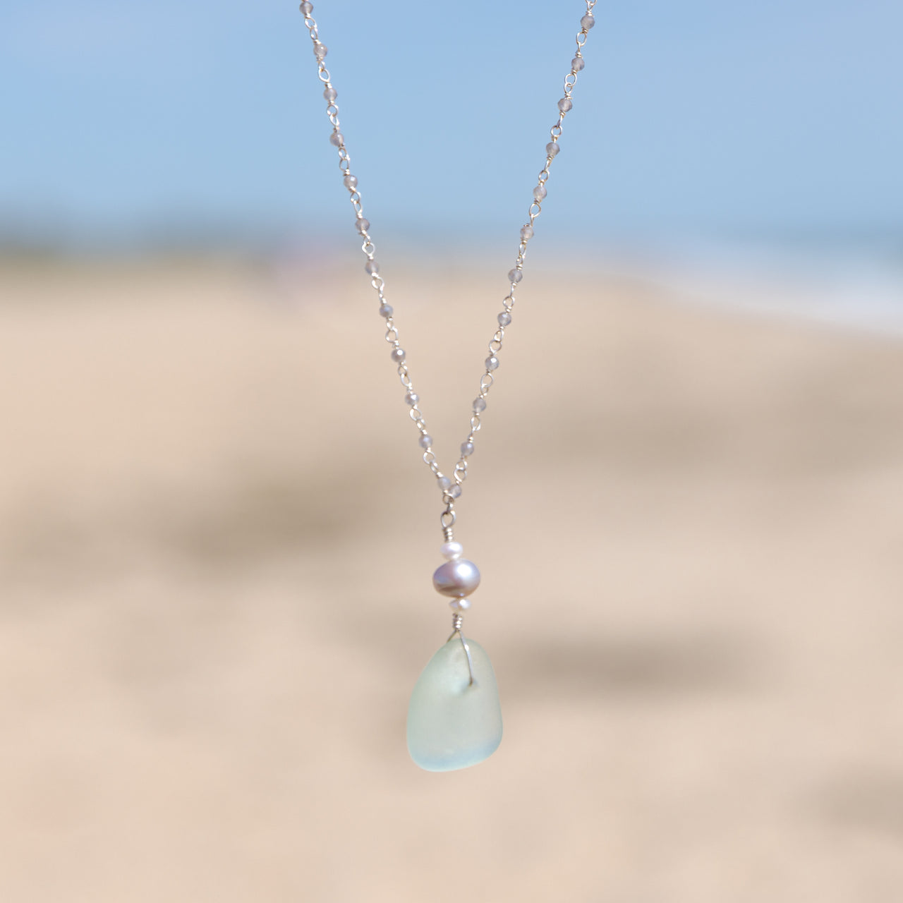 Sterling Silver Aqua Blue Sea Glass, Pearl + Moonstone Necklace