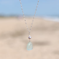 Sterling Silver Aqua Blue Sea Glass, Pearl + Moonstone Necklace