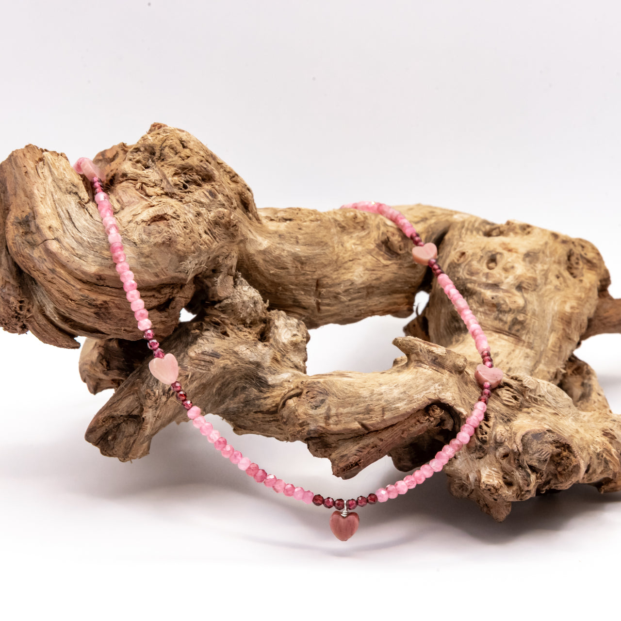 Pink Tourmaline and Garnet Necklace: Grade A Pink Tourmaline, Garnet, Pink Rhodonite Heart Beads