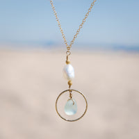 Aqua Blue Sea Glass + Baroque Pearl Circle Necklace