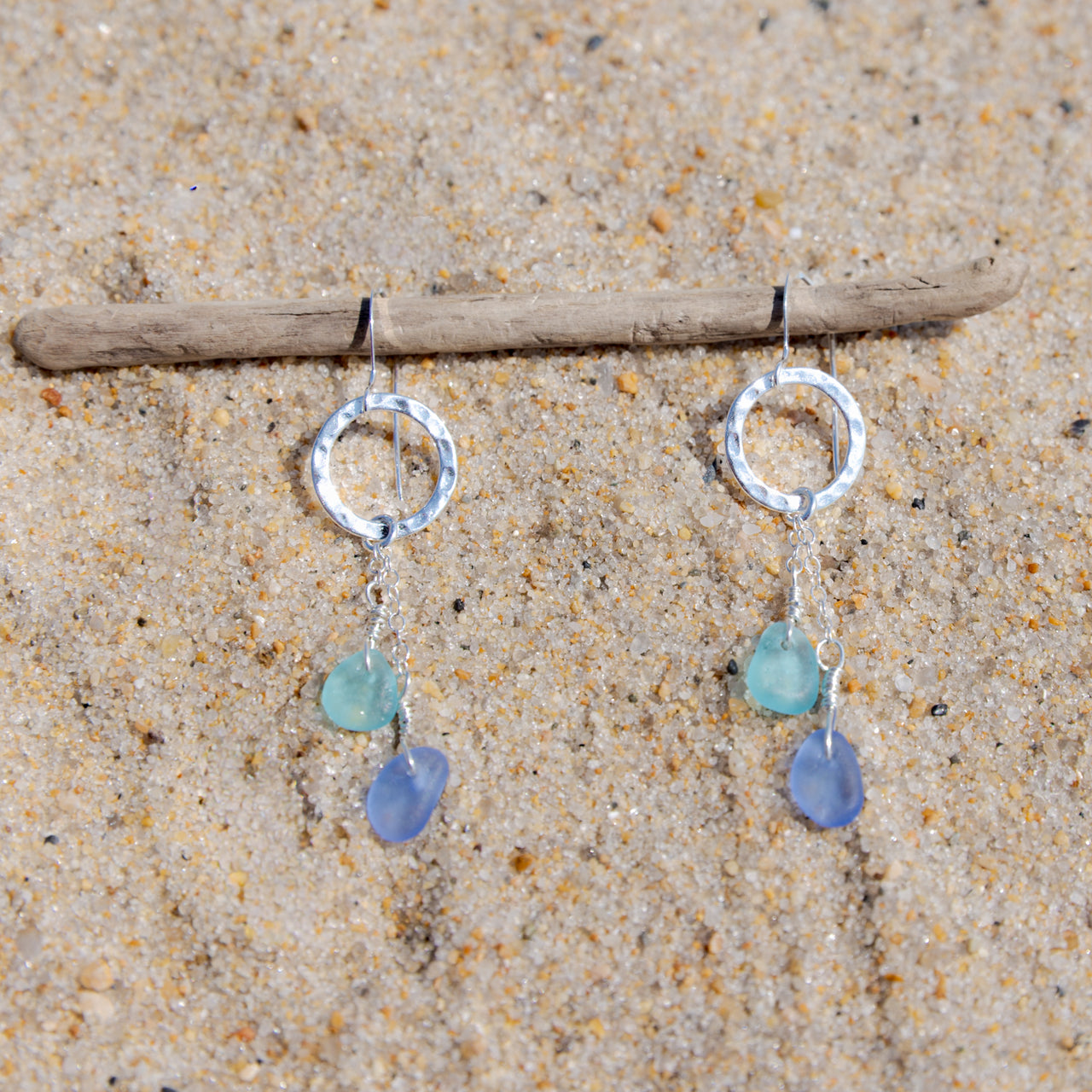 Blue Sea Glass Two Tone Circle Earrings