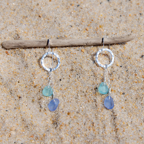 Blue Sea Glass Two Tone Circle Earrings